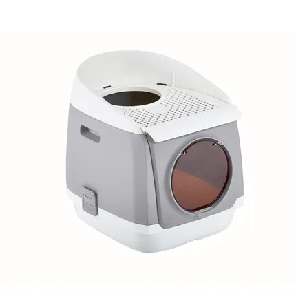 Большой контейнер для кошачьего туалета с капюшоном для кошачьего туалета с дышащей крышкой и простой входной прозрачной дверью с безопасной пряжкой ящика для туалета - Цвет: Серый