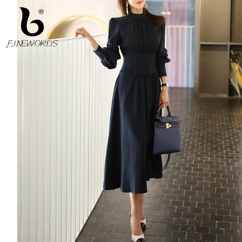 

FINEWORDS O Neck Lantern Sleeve Office Dress Women Elegant Solid Long Dresses Vintage Korean Style Business Work Ladies Dress