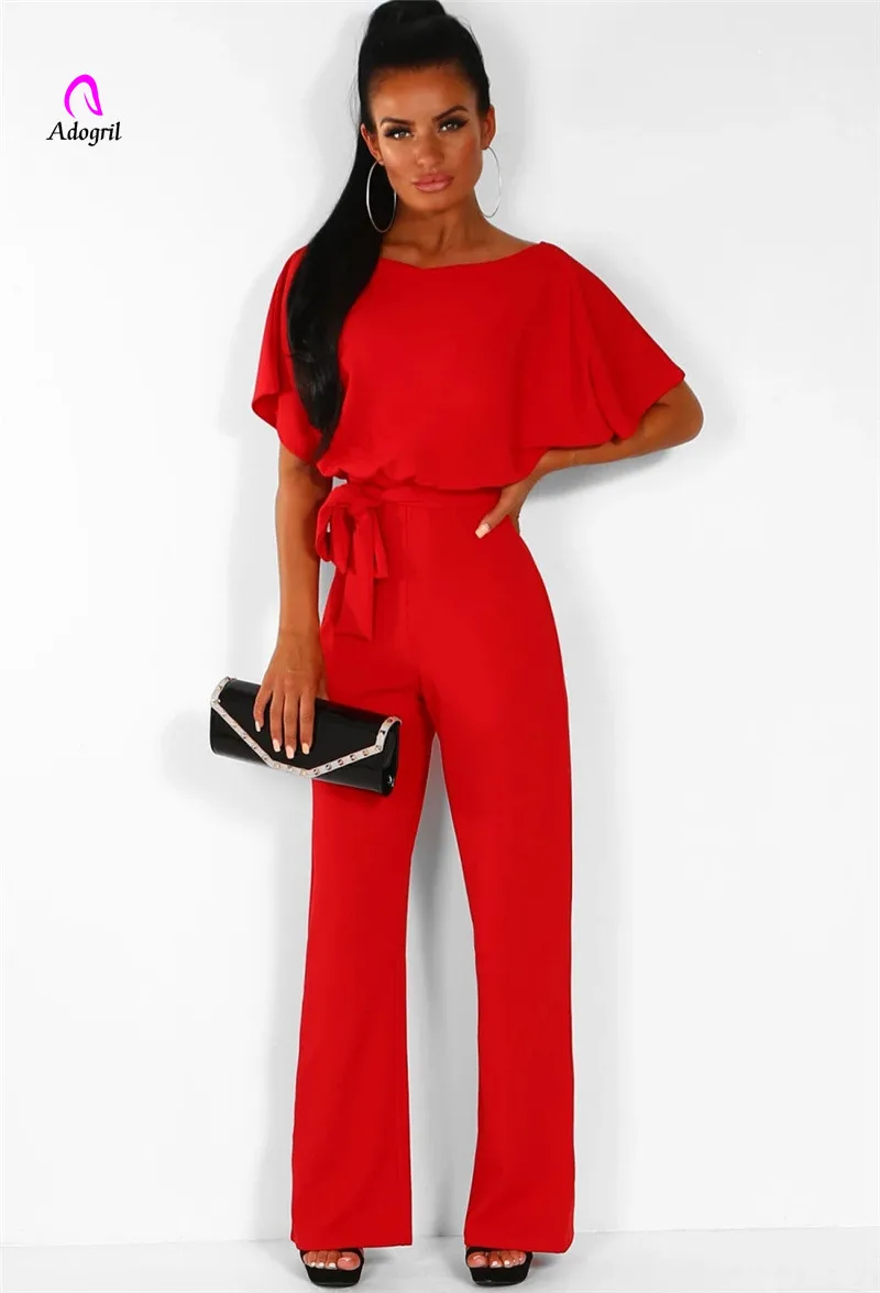 

Elegant Lady Highstreet Rolled Up Sleeve Knot Front Solid Jumpsuit Women Summer High Waist Casual Straight Jumpsuit Long Rompers