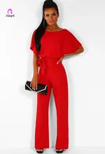 Elegant Lady Highstreet Rolled Up Sleeve Knot Front Solid Jumpsuit Women Summer High Waist Casual Straight Jumpsuit Long Rompers