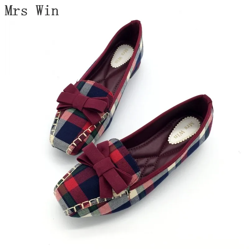 

England Style Gingham Women Casual Loafers Spring Autumn Square Toe Bowtie Slip On Flats For Woman Ladies Single Shoes Plus Size