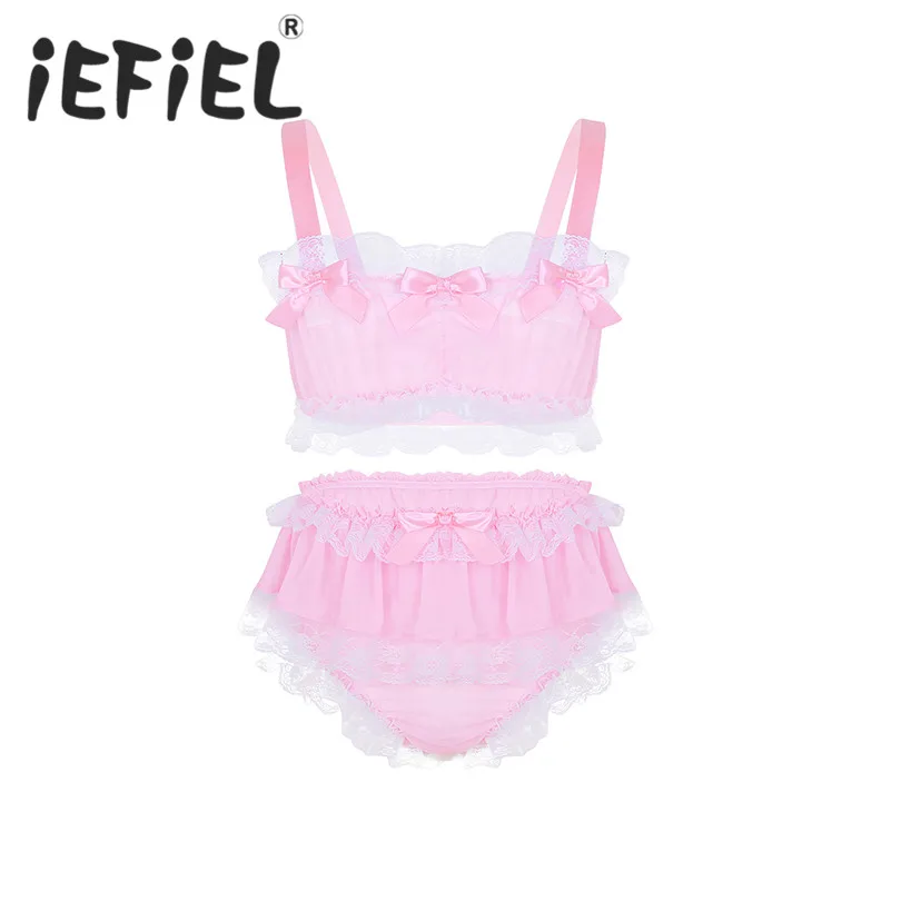 

2Pcs Mens Lingerie Set Ruffled Lace Sheer Chiffon Sissy Lingerie Outfits Sleeveless Crop Top with Skirted Petticoated Panties