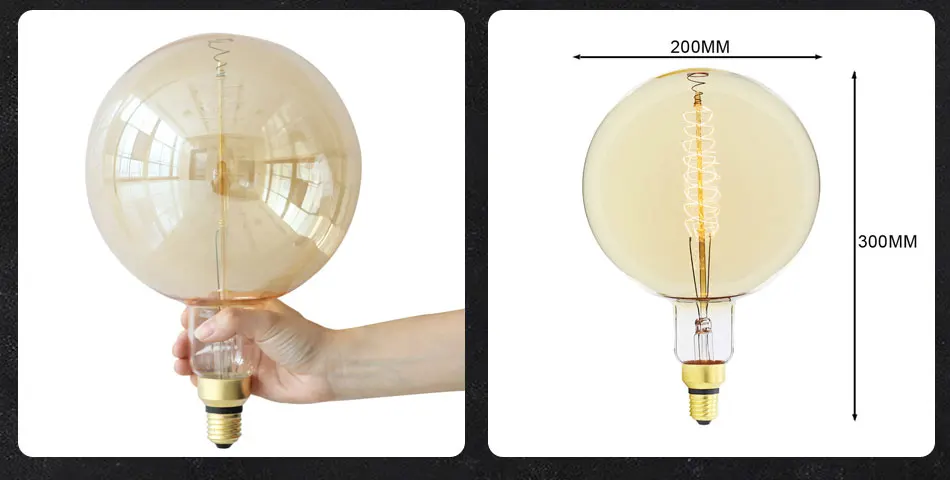 Винтажная лампа Эдисона G200 большого размера, Цоколь E27, светильник Эдисона, спираль накаливания 60 Вт, 220 В, 110 В, гигантская декоративная лампа для ресторана, огромная лампа