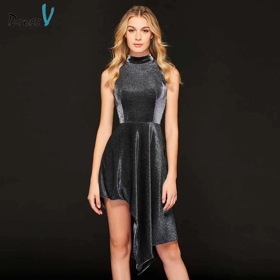 Коктейльное мини платье Dressv без рукавов с высоким воротом ассиметричное на