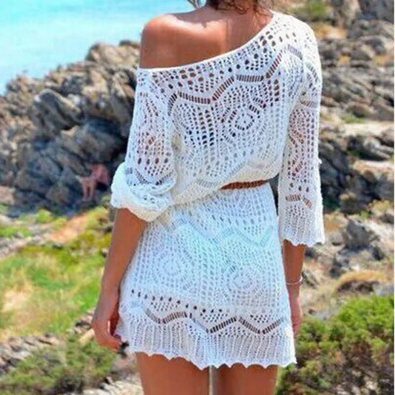 

New Sexy Hook Flower Beach Dress Hollow Out Bikini Cover-UP White Lace Knit Tunic Dress Summer Swimming Swimsuit wear (No Belt)