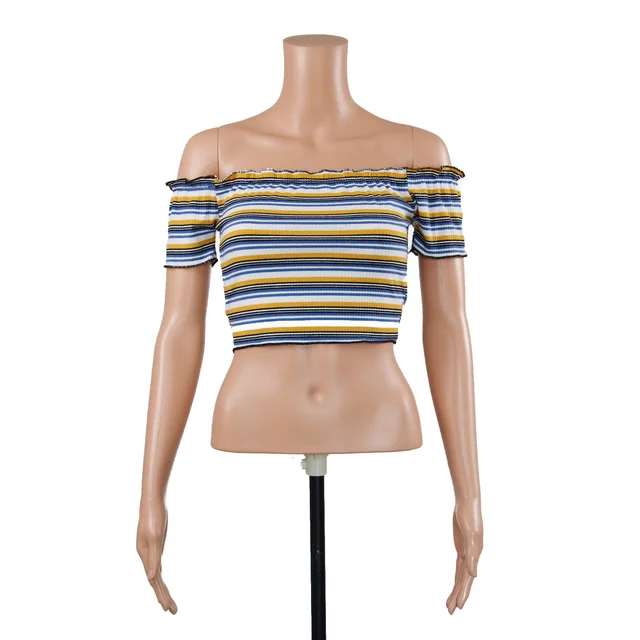 New Color Stripes Word Collar Strapless Sexy Short Sleeved T Shirt