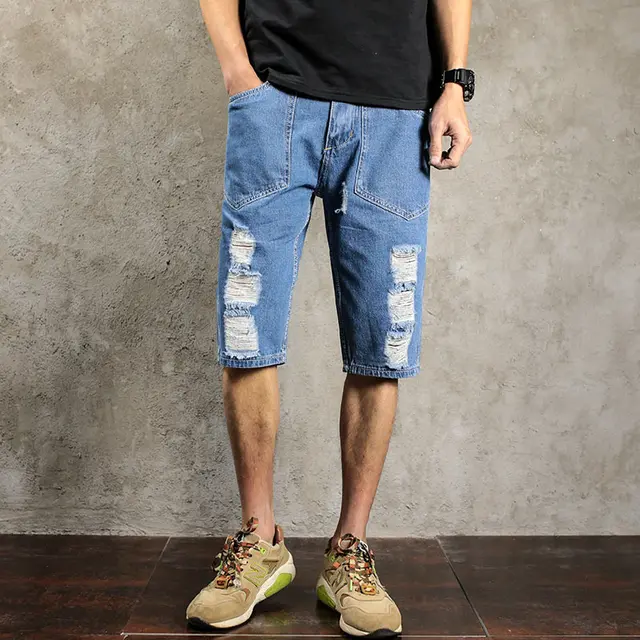 Shorts Men Ripped Short Jeans Straight Blue Shorts Bermuda Male Denim
