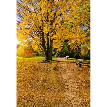 

Park Autumn Scenic Photography Background Yellow Tree Fallen Leaves Wood Bench Fall Scenery Kids Children Photo Studio Backdrops