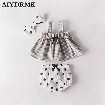 

2019 Baby Girl Clothes Newborn Baby Clothes Plaid T-shirt Dots Shorts Headband Infant Summer Baby Girls Clothing Set for Baby
