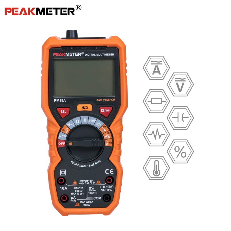 

PEAKMETER Multimeter Voltmeter Ammeter PM18A with True RMS AC DC Voltage Resistance Capacitance Frequency Temperature NCV Tester