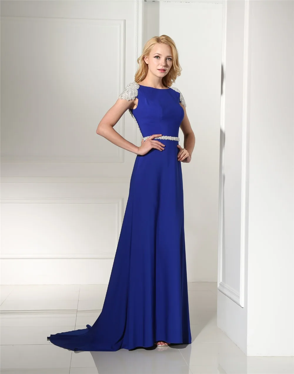 JaneVini Chic Line Атлас Королевское бальное голубое платье с глубоким круглым декольте Роскошные Бисер спинки сексуальные длинные вечерние платья Vestidos de gala