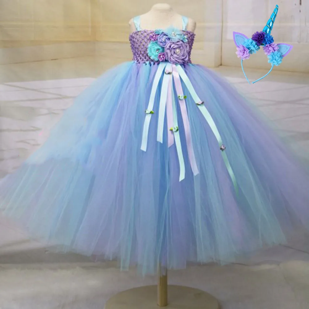 

Flower Girl Unicorn Tutu Dress Princess Pastel Clothes Children Autumn Winter Ankle Length Dress Christmas Party Dress Vestido