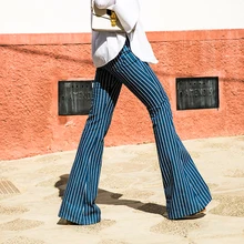 2017 autumn vertical stripe denim trousers autumn women’s high waist bell bottom jeans
