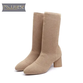 

MLJUESE 2018 women Knitting Mid-calf boots slip on pointed toe high heels apricot color autumn spring socks boots size 34-39