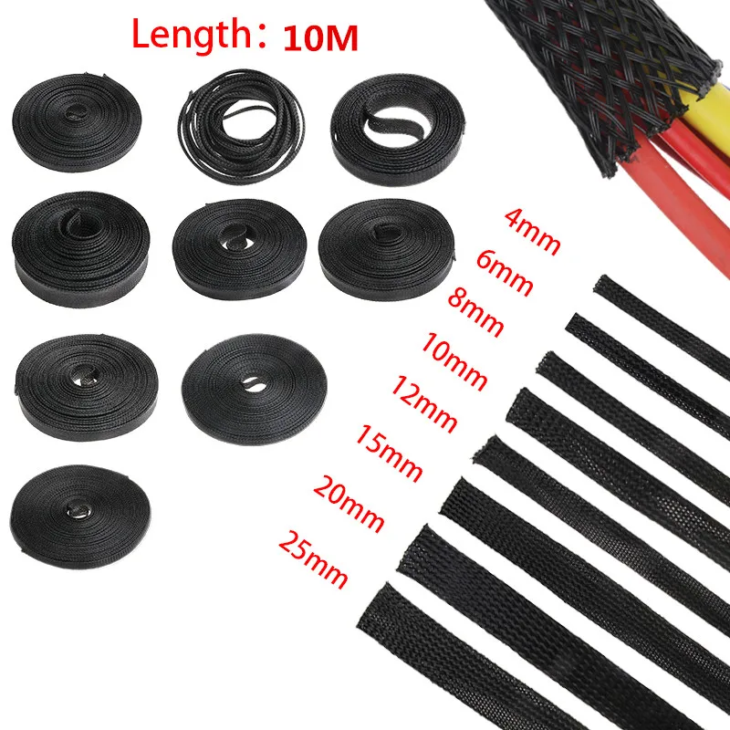 10M Black Braided Sleeve Sleeving Cable Harness Sheathing Expanding 6mm to 15mm 