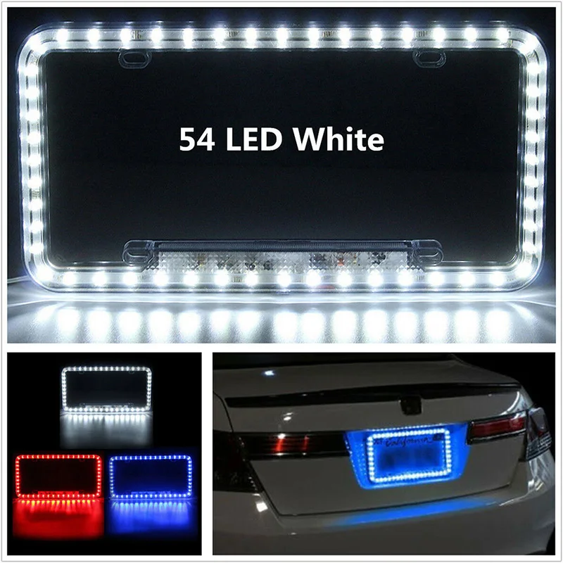 Universal 12V White Red Blue Green 54 LED Light Car Front Rear Number License Plate Frame Cover