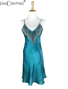

Lisacmvpnel Summer style Sexy Lace Women Nightgown V-Neck Special Spaghetti Elegant Faux Silk Women Pijamas Mujer