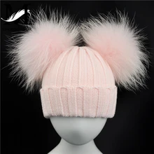 Winter Baby Knit Hat With Two Fur Pompoms Boy Girls Natural Fur Ball Beanie Kids Caps