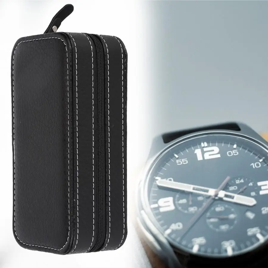

2Grids Portable Travel Watch Storage Box PU Leather Zipper Case Organizer Black Couple Watch Box Zipper Bag Watch Display