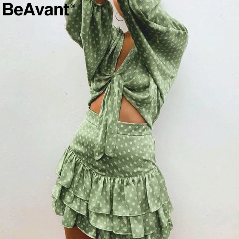 

BeAvant Sexy deep v neck women blouse shirt Polka dot bow tie female chiffon tops shirts Long sleeve summer beach ladies blouses