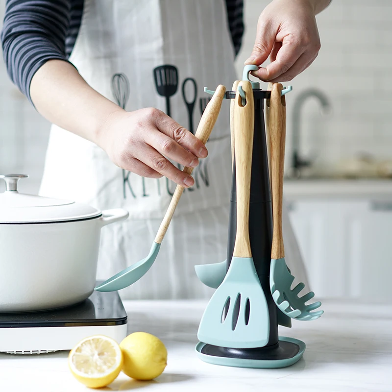 5Pcs/set Silicone Turner Soup Ladle Spoon Spatula Scraper Pasta Server Rotating Holder Cooking Utensils Cookware Baking Tools