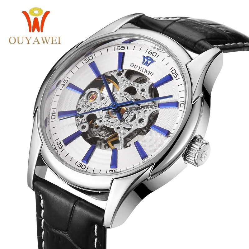 

HOT OUYAWEI Mechanical Watch Men's Skeleton wristwatch Man watches Leather Relogio Masculino Luxury Fashion Casual Wrist Watch