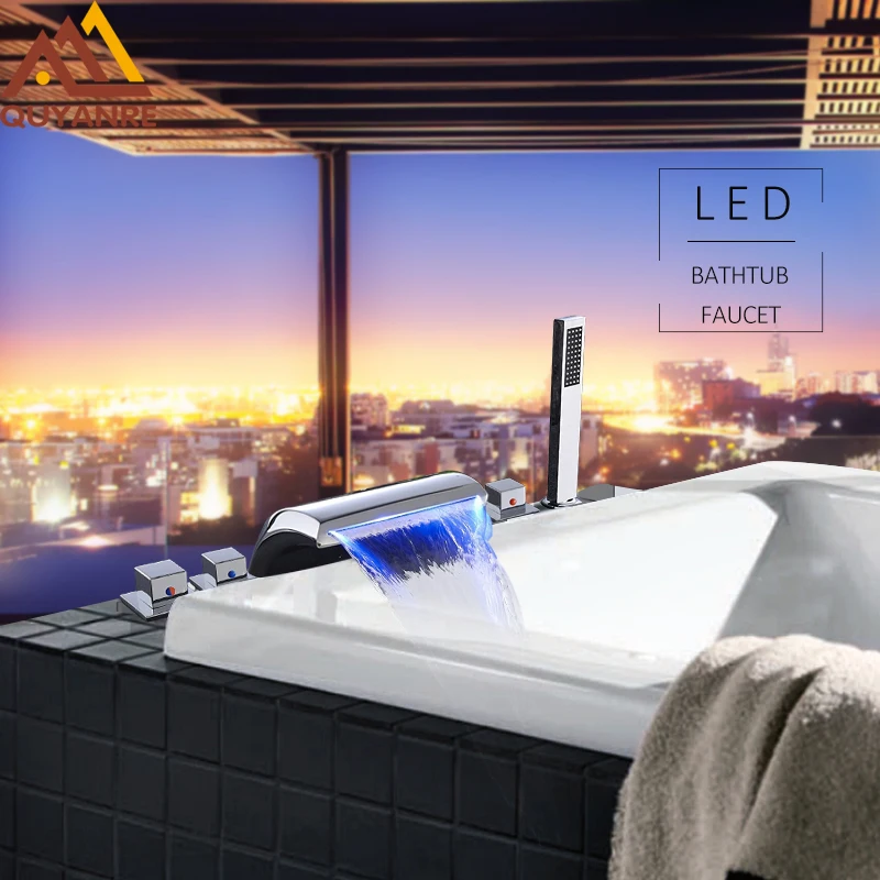 quyanre 5pc led waterfall bathtub faucet chrome brass mixer tap 3 handles handshower waterfall spout bathroom shower faucet