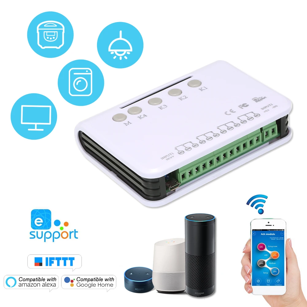 

eWeLink Remote Control Wireless Switch 4ch DC 5V Wifi Switch Timer Phone Remote Control Compatible with Alexa Google Home
