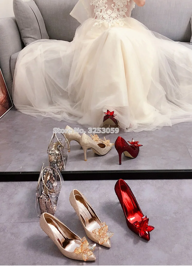 ALMUDENA шикарные туфли Золушки с кристаллами Золото Серебро Красный Черный сверкающие стразы свадебные туфли ювелирные изделия Цветочные Туфли-лодочки