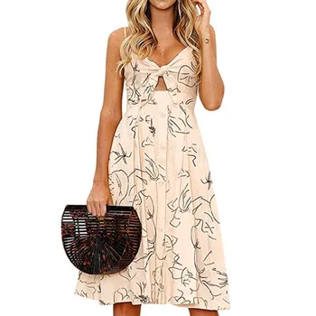 

Women's Summer Lace-up Dress Ladies Front V-Tie Button A-Line Backless Midi Causal Dress printed Floral ropa mujer