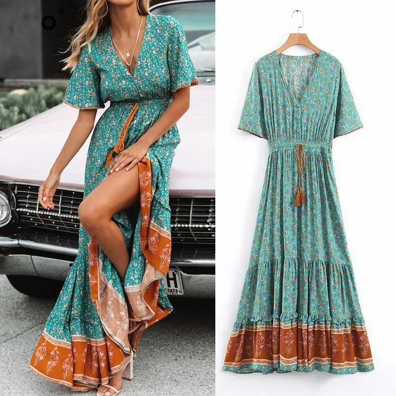 

2019 Summer Fashion Women Hippie Vintage Boho Deep V Neck Floral Printed Short Sleeve Tassel Pullover Pleated Holiday Maxi Dress