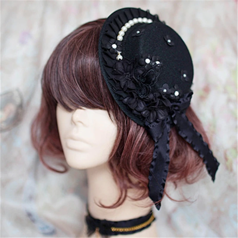 Elegant Women Flower & Pearl Gothic Lolita Mini Boater Hat Hair ...