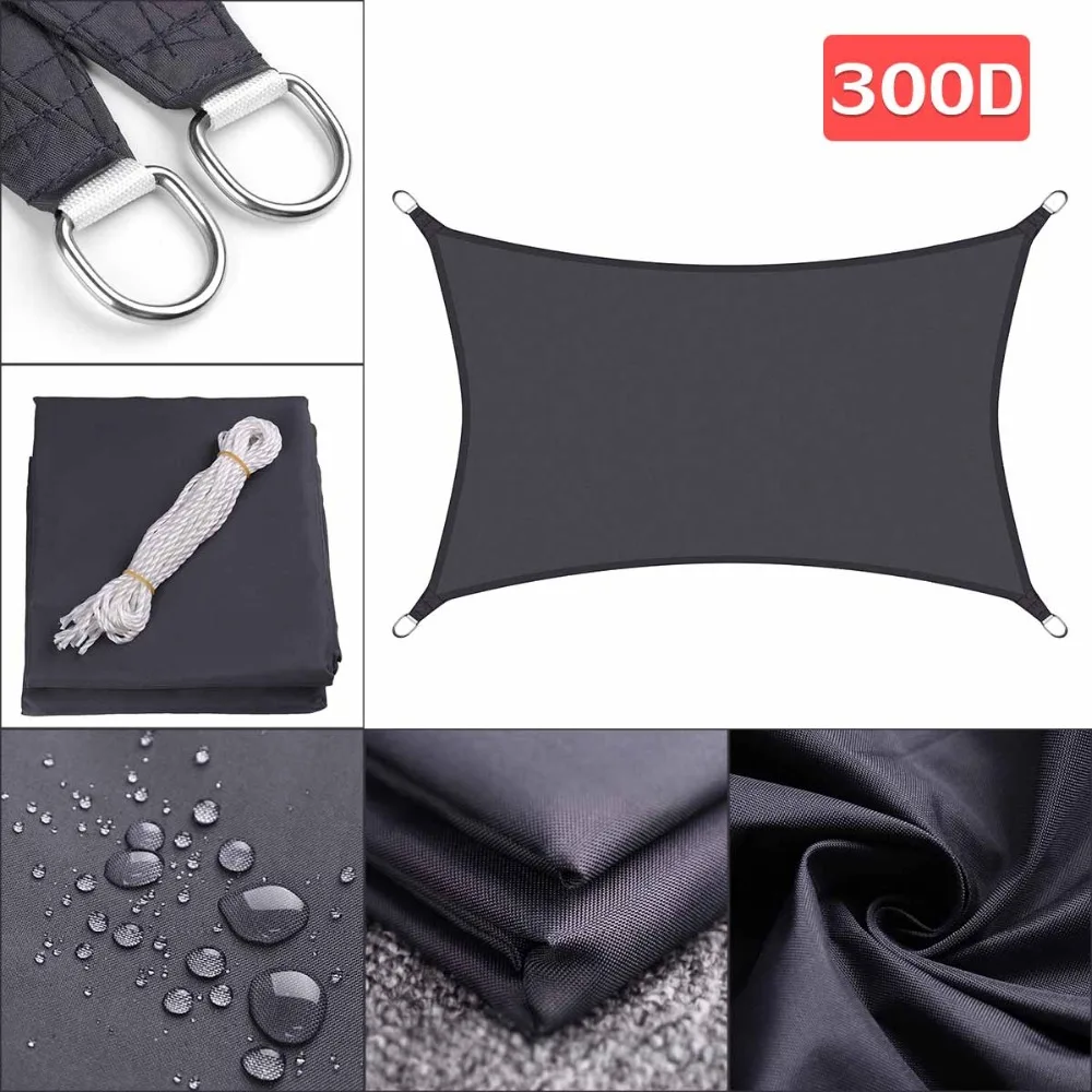 300D للماء البوليستر مستطيل المظلة الشمس شبكة تظليل الشمس الظل الشراع في الهواء الطلق الشمس المأوى أسود رمادي اللون