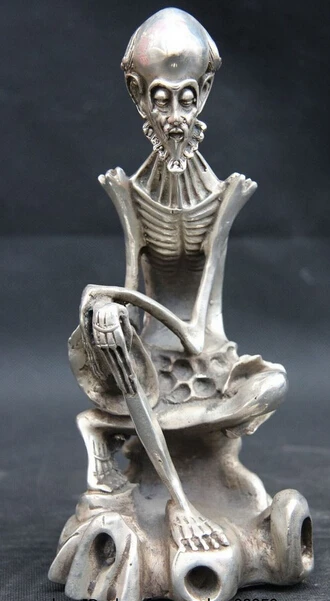 

bi003765 China White Copper Silver Sculpture Skeleton Bone people Skull Art Statue