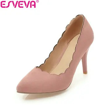 

ESVEVA 2018 Women Pumps Elegant Thin Heels Suede PU Pointed Toe High Heels Slip on Classic Pumps Shoes for Ladies Size 34-43
