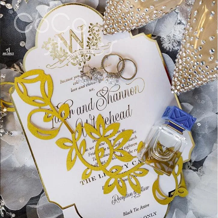  Cocostyles custom vintage gold foil invitation card with laser cut belly band and match envelope fo - 32891546247