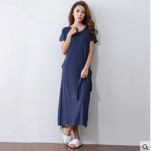 Long Nightgown Women Summer Solid Color V-neck Long Nightdress Cotton Short Sleeve Long Nightgowns Sleepshirts