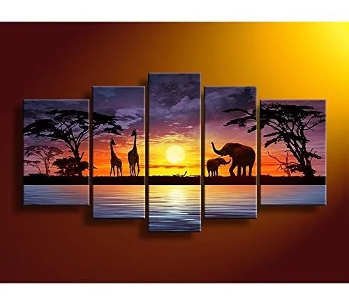 

100% Hand Painted Oil Paintings Gift African Giraffe Elephant Landscape 5 Panels Wall Decoration large canvas art cuadros decor