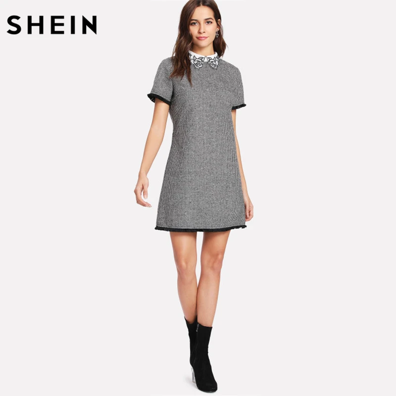 SHEIN Модное Платье С Кружевной Вставкой Офисное В Клетку Коротким Рукавом|work dresses