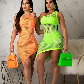 

Sexy Women One Shoulder Fish Net Hollow Out Dress Beach Cover-Ups Summer Female Bikini Cover Up Mini Dresses Clothing