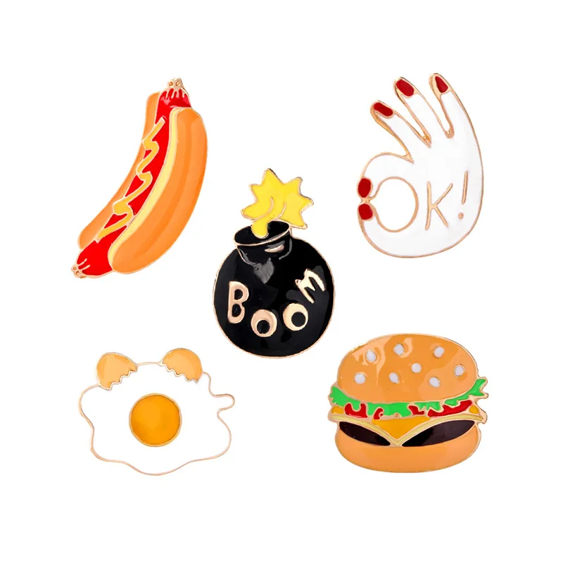 

Pizza Hamburger Hot Dog OK Brooch Metal Egg Boom Pins Hat Shirt Denim Jacket Button Badge Fast Food brooches Jewelry for girl