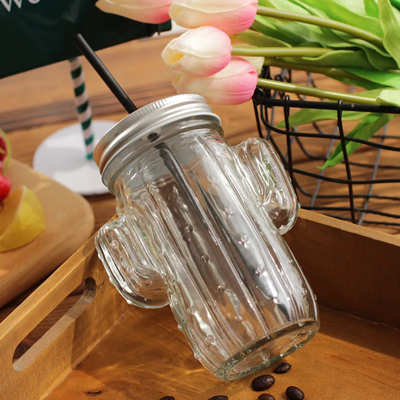Креативная 3D кактус стеклянная банка чашка Мейсона с крышкой и соломинкой холодный напиток смузи чашка воды стеклянная чашка
