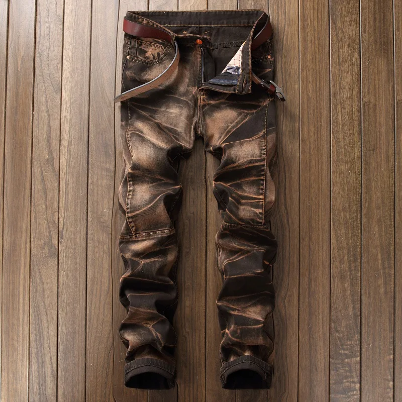 

Fashion High Quality Retro Men Gold Painting Jeans Coated Slim Straight Pleated Biker Jeans Pants Male Denim Casual Pants 42