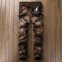 Fashion High Quality Retro Men Gold Painting Jeans Coated Slim Straight Pleated Biker Jeans Pants Male Denim Casual Pants 42 1