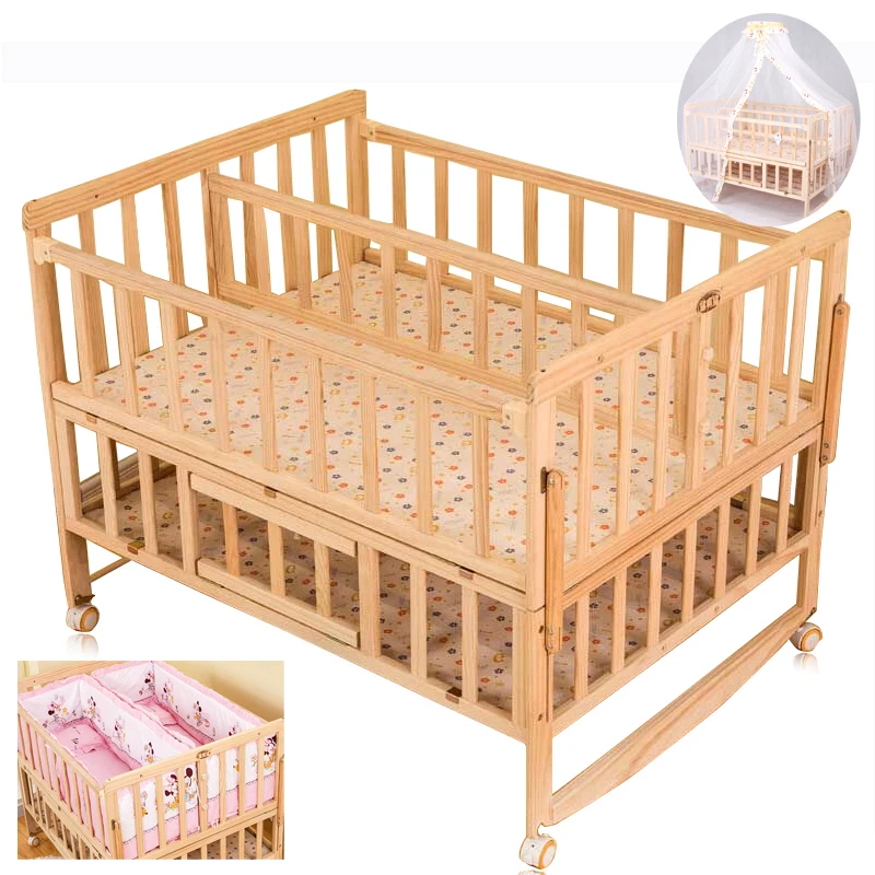 Детская кроватка для Близнецов с москитной сеткой, двойная детская деревянная кровать может быть соединена со взрослой кроваткой
