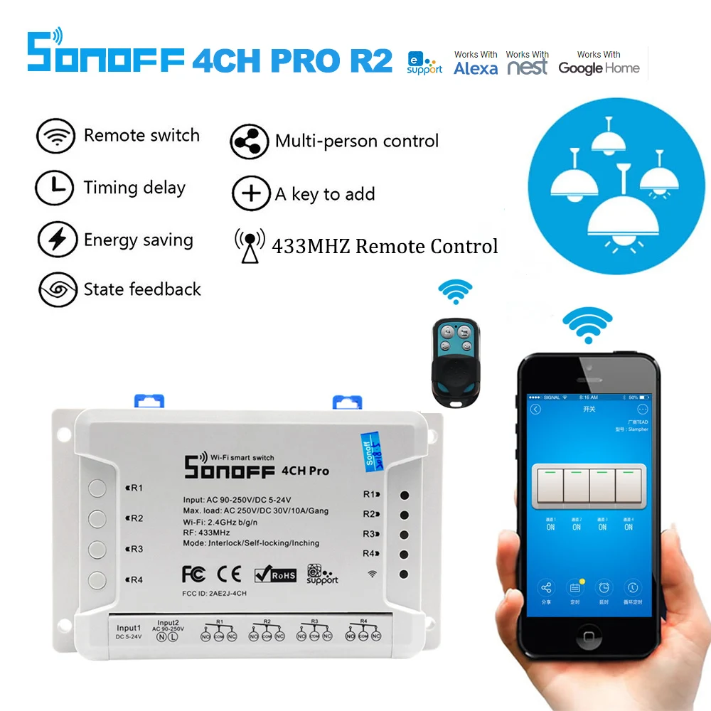 

Sonoff 4CH Pro R2 Smart Wifi Light Switch 4 Gang 3 Working Modes Inching Interlock Self-locking RF/Wifi Switch Works With Alexa