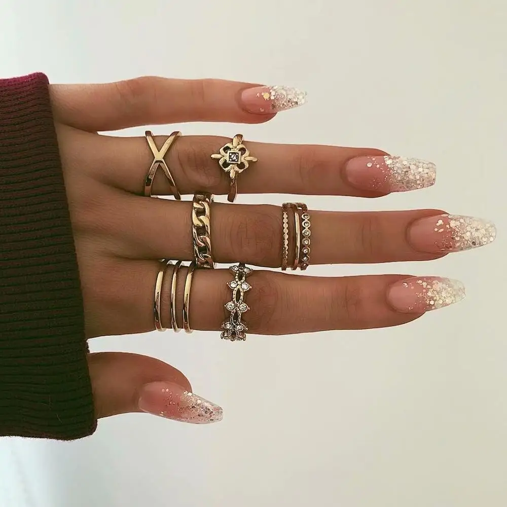 

8 Pcs/set Fashion Women Rings Flower Cross Crystal Geometry Joint Gold Ring Set Female Wedding Jewelry Accessories