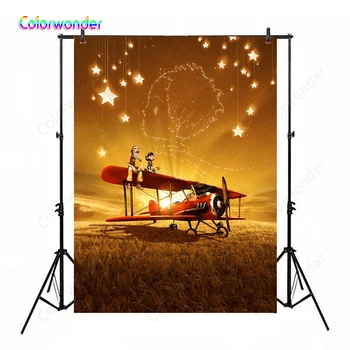 

Little Girl Pilot with Red Airplane Background Photography Twinkle Twinkle Stars with Little Prince Golden Autumn Vinyl Backdrop