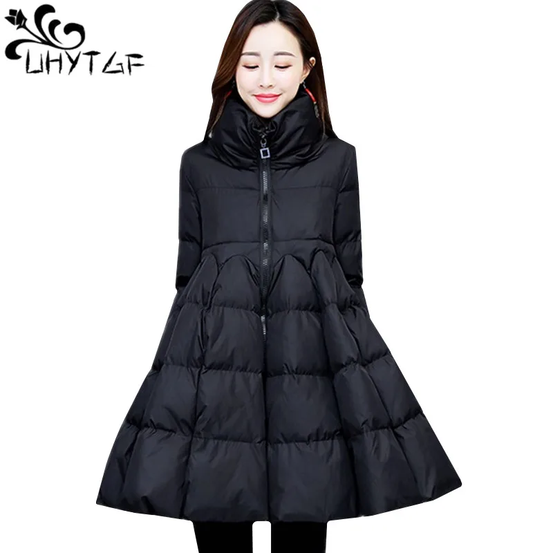 

UHYTGF Casual winter jacket women's Parker cotton outerwear fashion High waist Cloak type Down jacket LadiesLoose warm coat 68