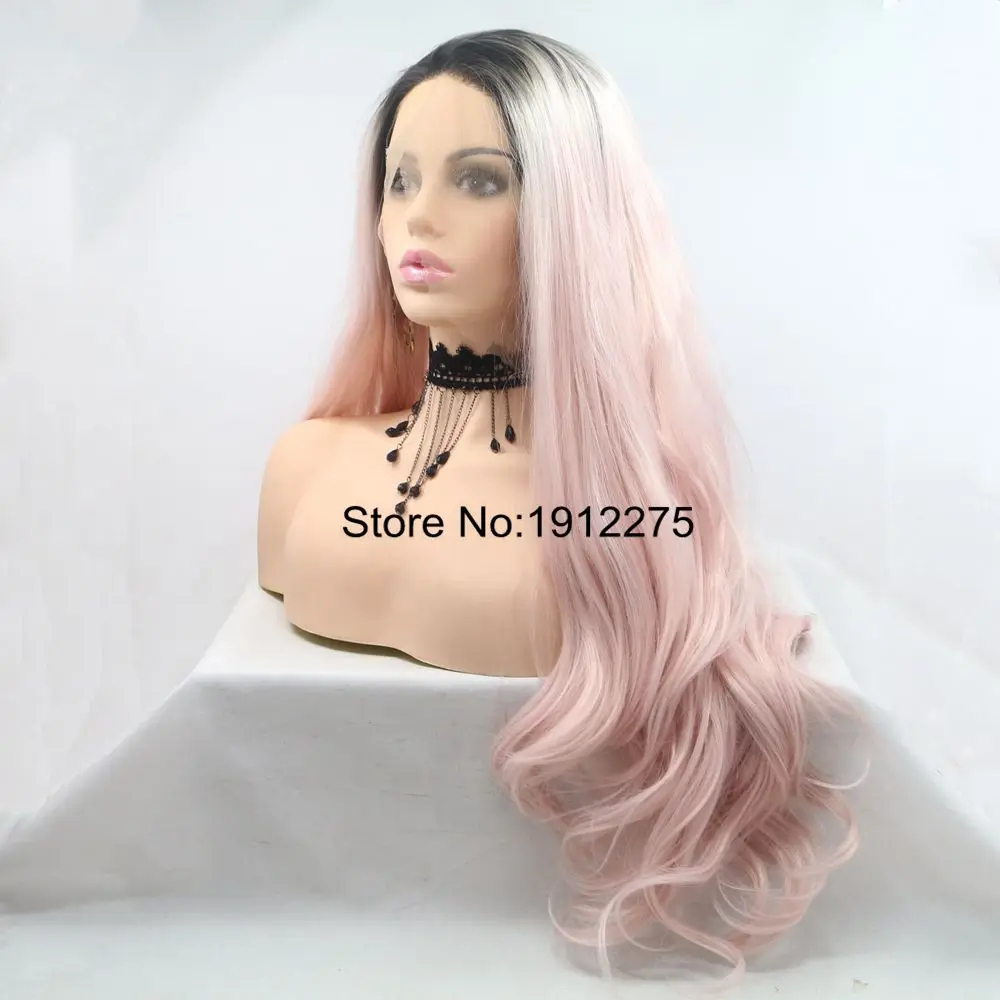 Sylvia Ombre розовыми волосами синтетический Синтетические волосы на кружеве парик длинное тело волны Парики Темно-корень жаропрочных